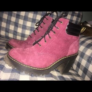 Red suede heeled Doc Martens